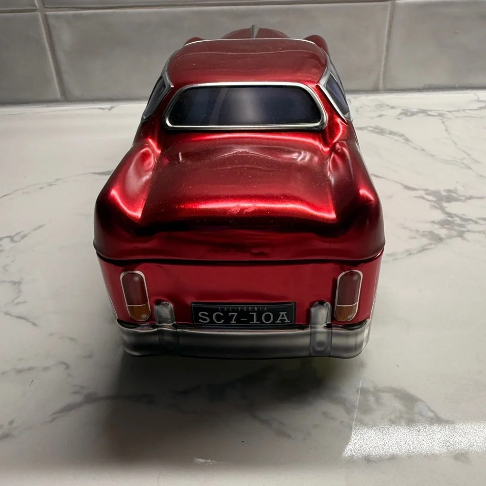 Silver Crane Company red classic car tin box